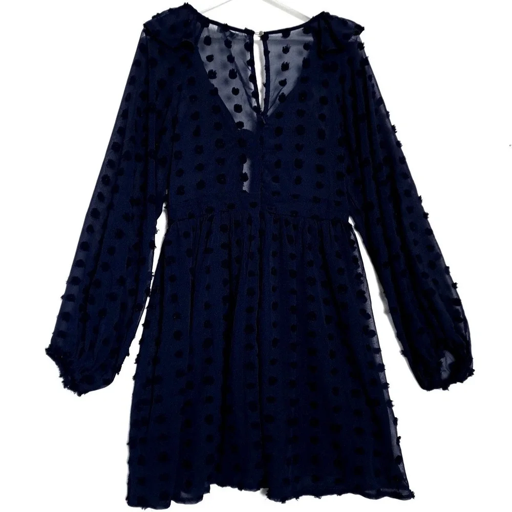 Verte Mini Dress L Navy Blue Clip Dot Tie Front Ruffle Sheer Balloon Sleeve Boho
